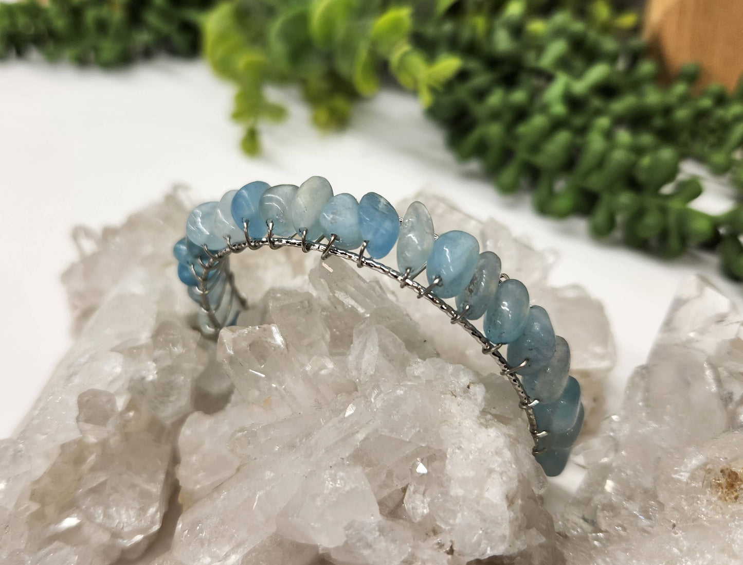 Aquamarine Bangle/Cuff Wire Wrapped -18kt. Gold Overlay: WHITE GOLD