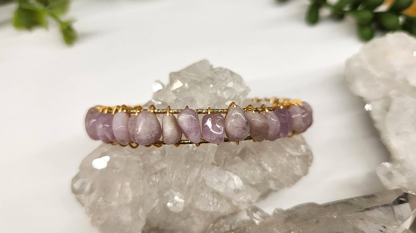 Kunzite Bangle/Cuff/Wire Wrapped Bracelet -18kt.Gold Overlay: WHITE GOLD