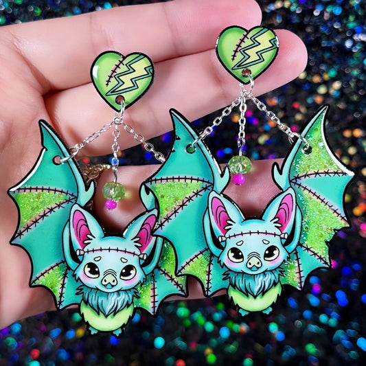 Sea Pixie Designs - Frankenstein Bats Halloween Dangle Earrings, Spooky & Cute