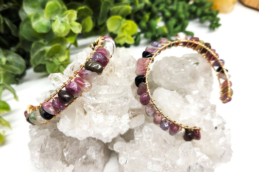 Watermelon Tourmaline Bangle/Cuff Wire Wrapped-18kt Overlay: YELLOW GOLD