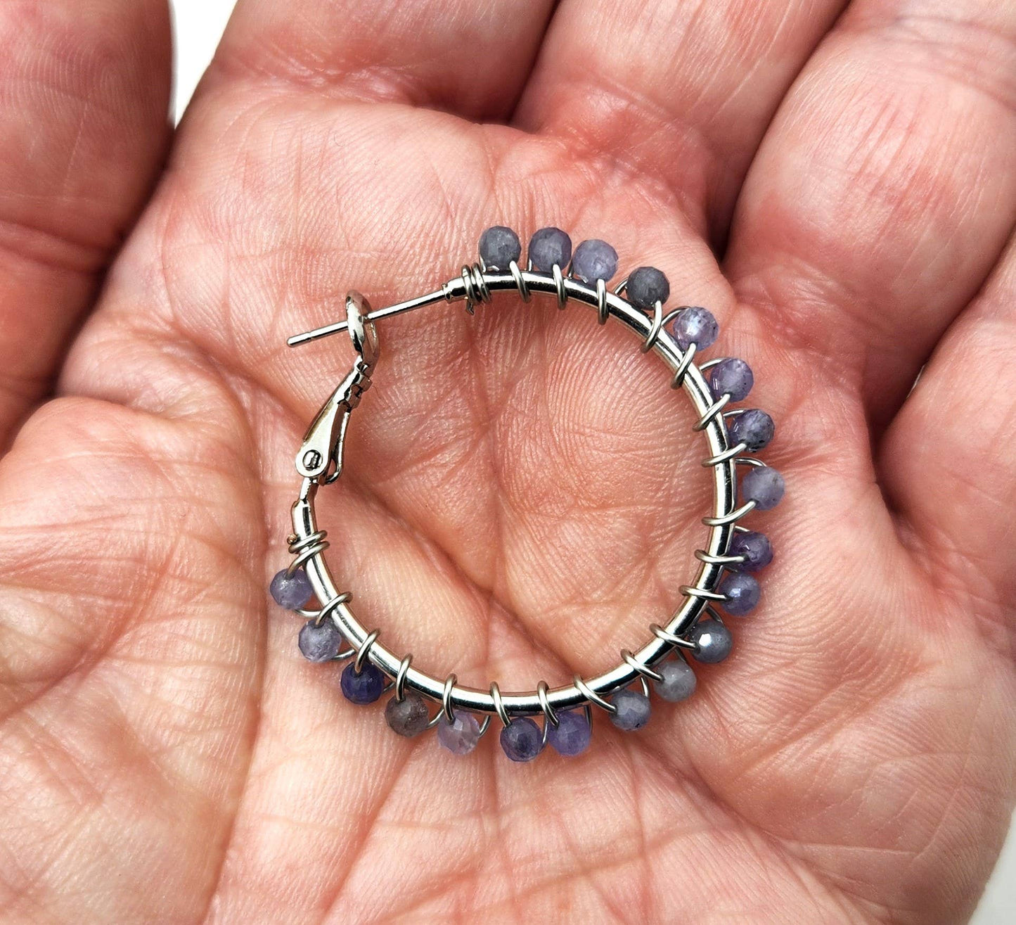 Tanzanite Faceted 3mm Hoop Earrings-18Kt Gold Overlay: WHITE GOLD