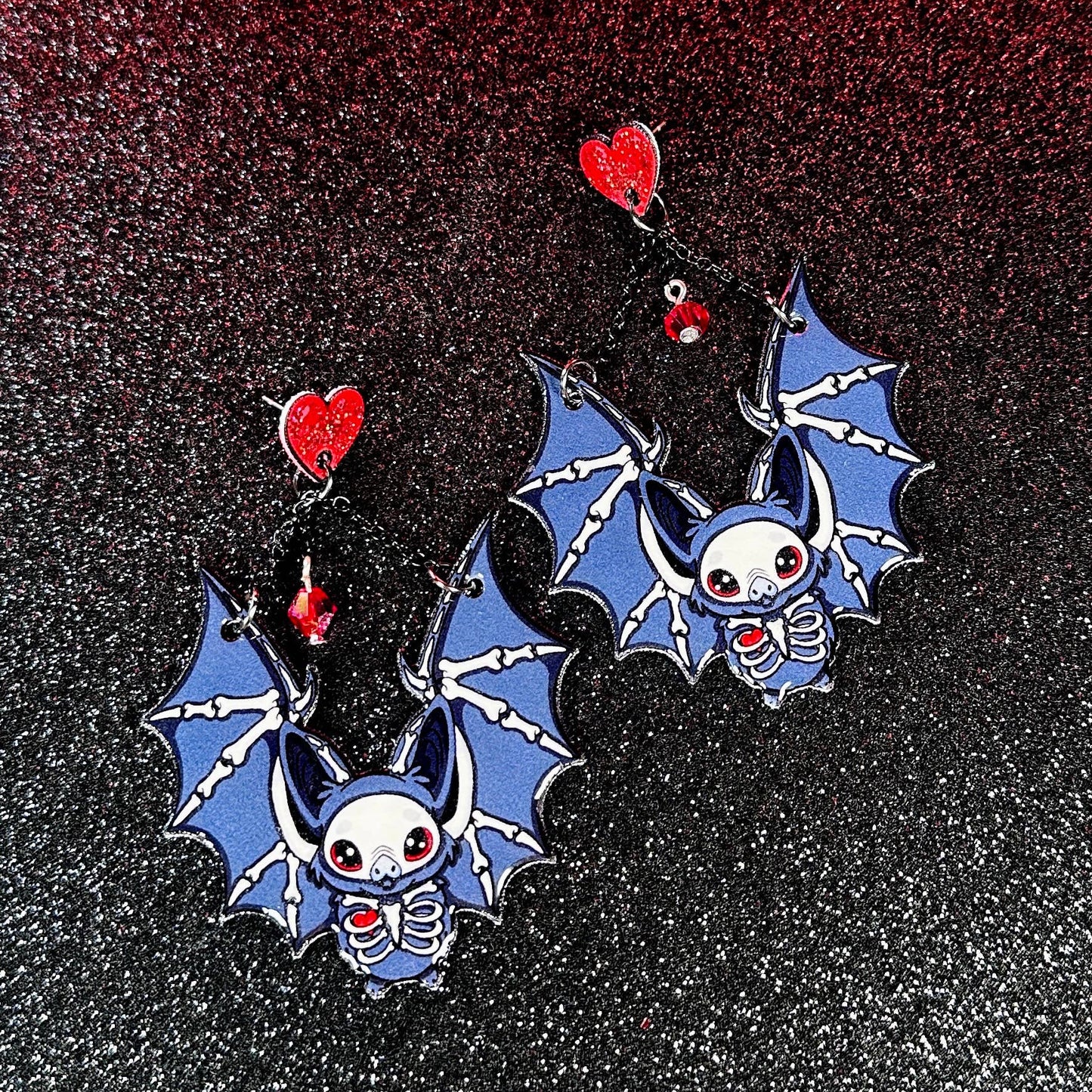 Sea Pixie Designs - Skeleton Heart Bats Halloween Dangle Earrings, Spooky & Cute