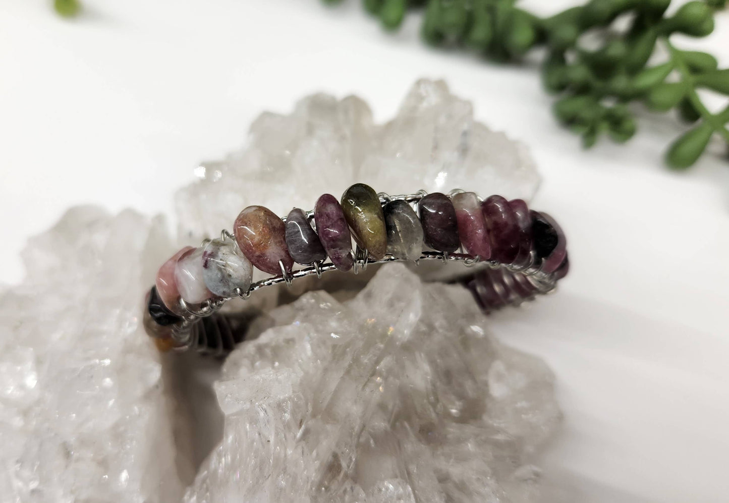 Watermelon Tourmaline Bangle/Cuff Wire Wrapped-18kt Overlay: YELLOW GOLD