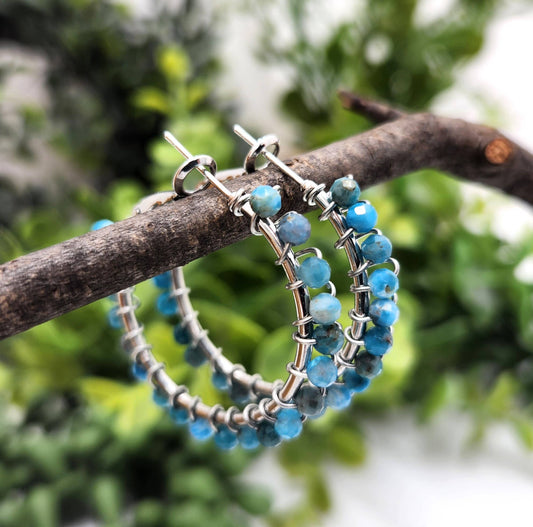 Blue Apatite Faceted 3mm Hoop Earrings-18Kt Gold Overlay: YELLOW GOLD