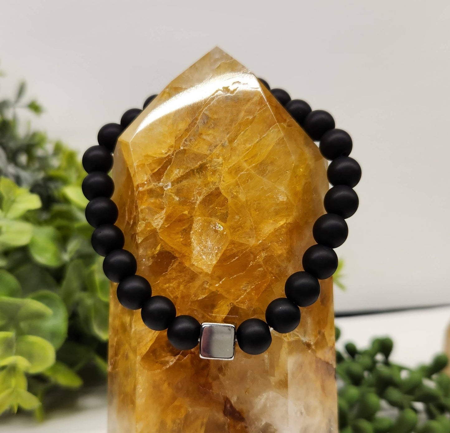 Black Obsidian-Matte w/Gun Metal Color Metal Cube, Bracelet