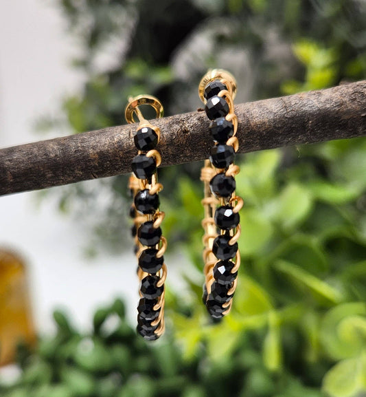 Black Spinel Faceted 3mm Hoop Earrings-18Kt Gold Overlay : YELLOW GOLD