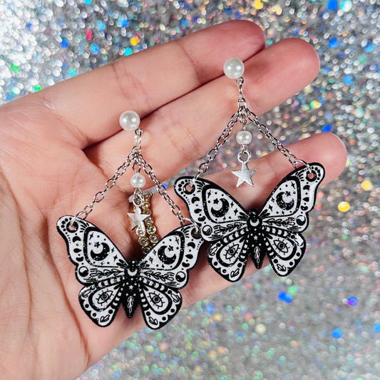 Sea Pixie Designs - Black & White Moth Butterfly Glitter Dangle Earrings
