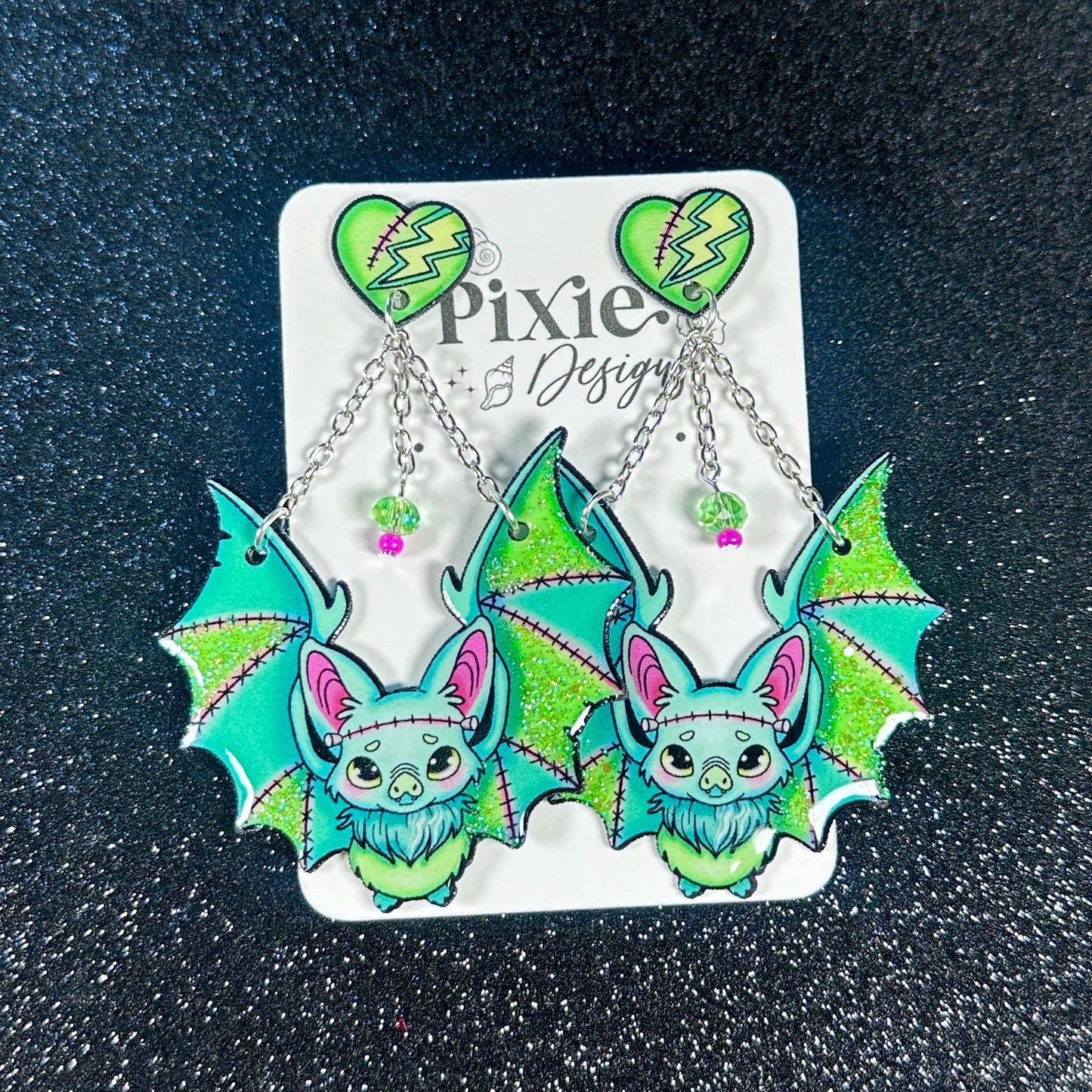 Sea Pixie Designs - Frankenstein Bats Halloween Dangle Earrings, Spooky & Cute