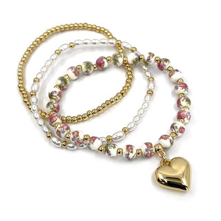 StarryNYC - 3 Line Bracelet Puffy Heart Charm Murano Glass Pearl & CCB : Blue