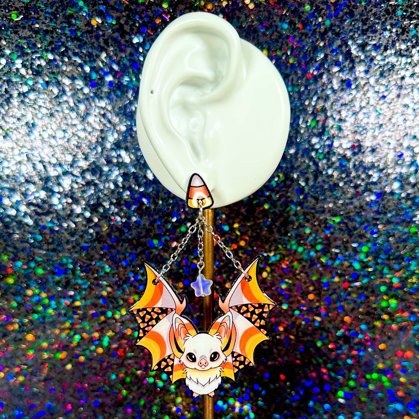 Sea Pixie Designs - Candy Corn Bats Halloween Dangle Earrings, Spooky & Cute