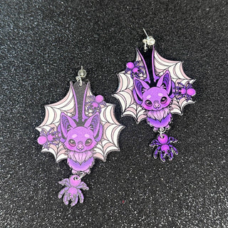 Spider Web Bats Halloween Dangle Earrings, Spooky & Cute