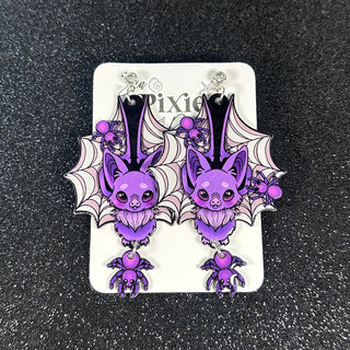 Spider Web Bats Halloween Dangle Earrings, Spooky & Cute
