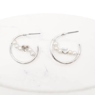 StarryNYC - C Shape Hoop with Fresh water Pearl and Heart Brass Earrings: GOLD