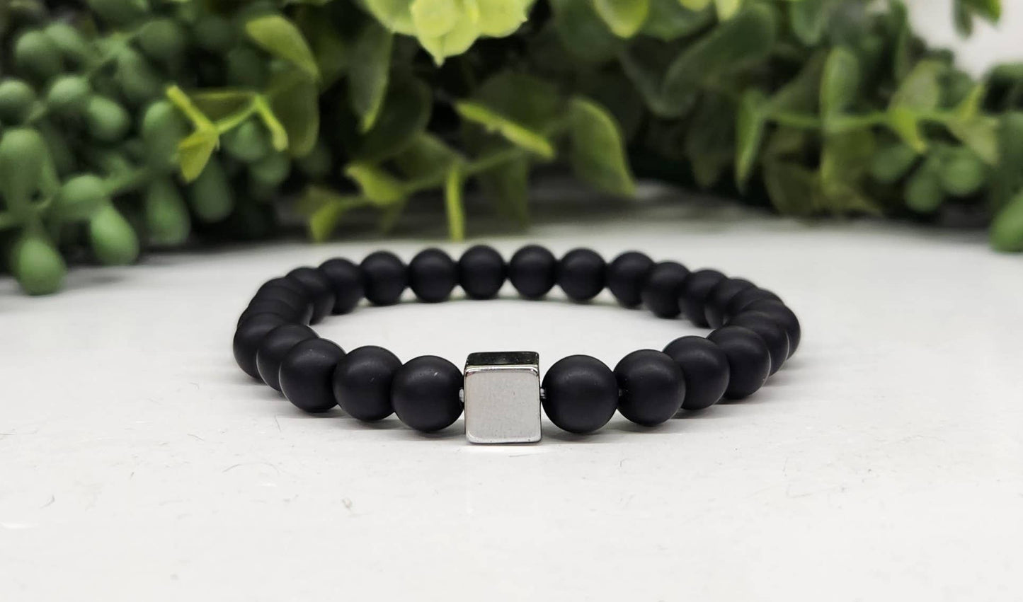 Black Obsidian-Matte w/Gun Metal Color Metal Cube, Bracelet
