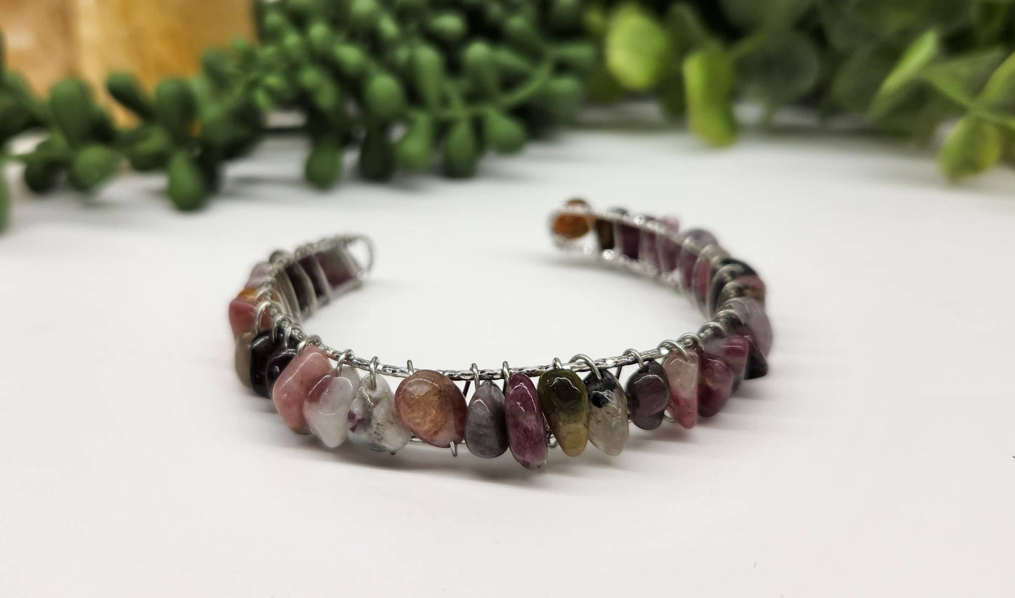 Watermelon Tourmaline Bangle/Cuff Wire Wrapped-18kt Overlay: YELLOW GOLD