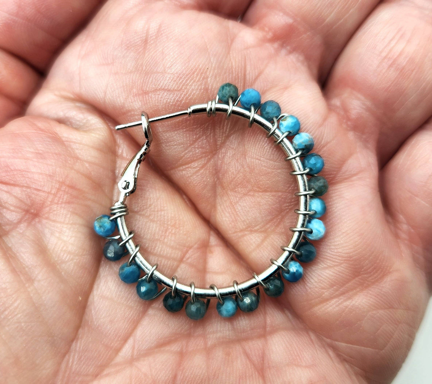 Blue Apatite Faceted 3mm Hoop Earrings-18Kt Gold Overlay: YELLOW GOLD