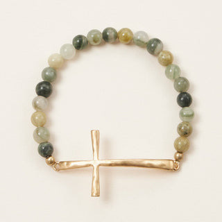 Frem - Metal Cross Pendant Natural Stone Bracelet: KIW / One / WB1001