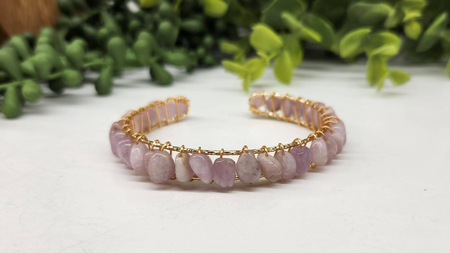 Kunzite Bangle/Cuff/Wire Wrapped Bracelet -18kt.Gold Overlay: WHITE GOLD