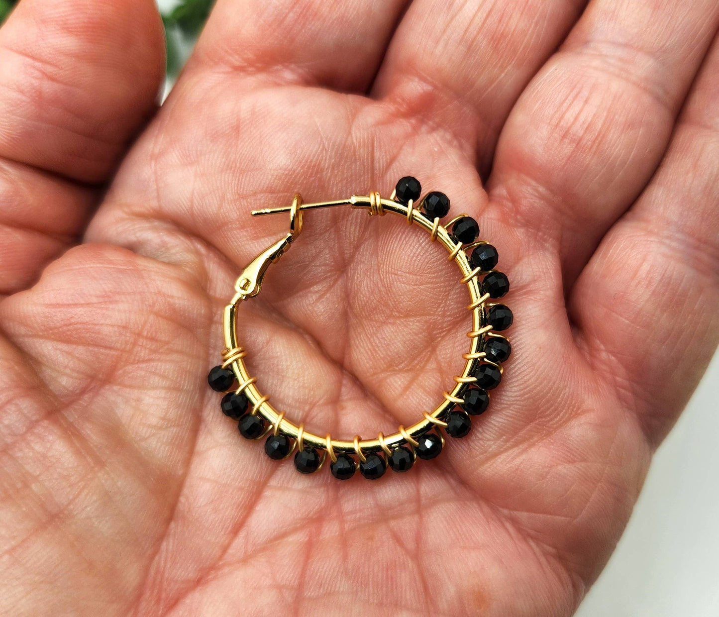 Black Spinel Faceted 3mm Hoop Earrings-18Kt  Gold Overlay : YELLOW GOLD