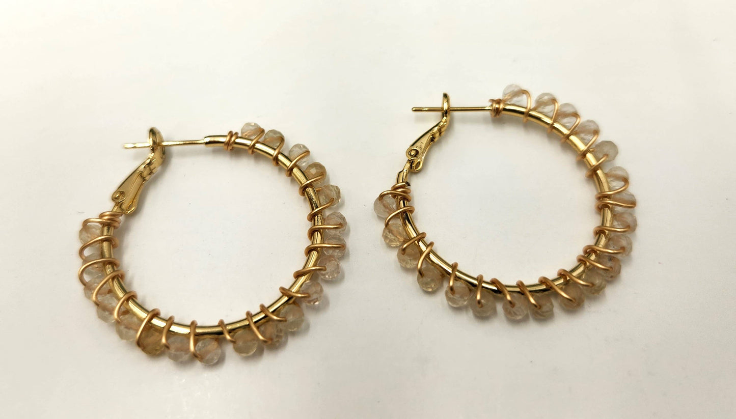 Citrine Faceted 3mm Hoop Earrings-18Kt Gold Overlay  : WHITE GOLD