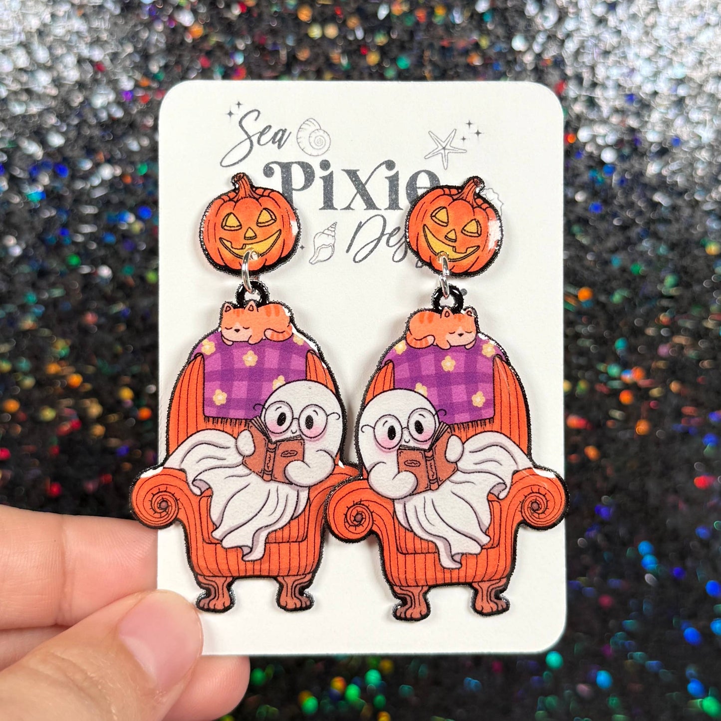 Sea Pixie Designs - Ghost Reading Books Halloween Dangle Earrings, Spooky & Cute