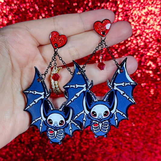 Sea Pixie Designs - Skeleton Heart Bats Halloween Dangle Earrings, Spooky & Cute