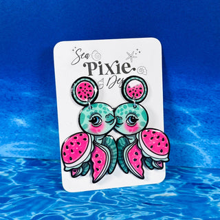 Watermelon Sea Turtle Dangle Earrings, Coastal & Lightweight