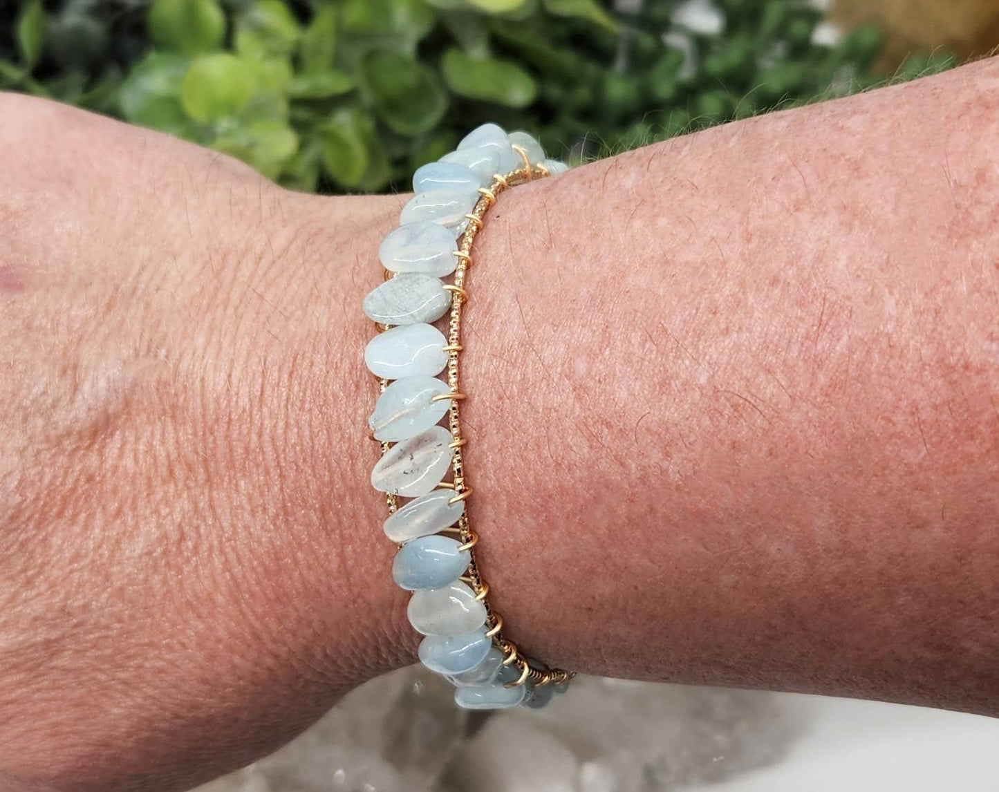 Aquamarine Bangle/Cuff Wire Wrapped  -18kt. Gold Overlay: WHITE GOLD