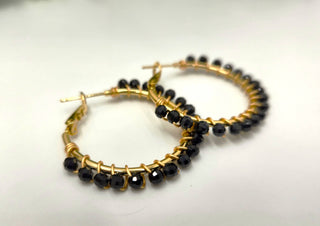 Black Spinel Faceted 3mm Hoop Earrings-18Kt  Gold Overlay : WHITE GOLD