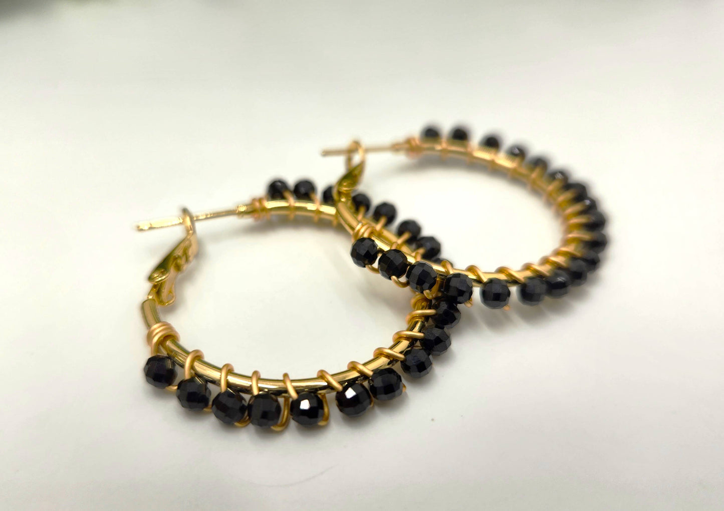Black Spinel Faceted 3mm Hoop Earrings-18Kt  Gold Overlay : YELLOW GOLD