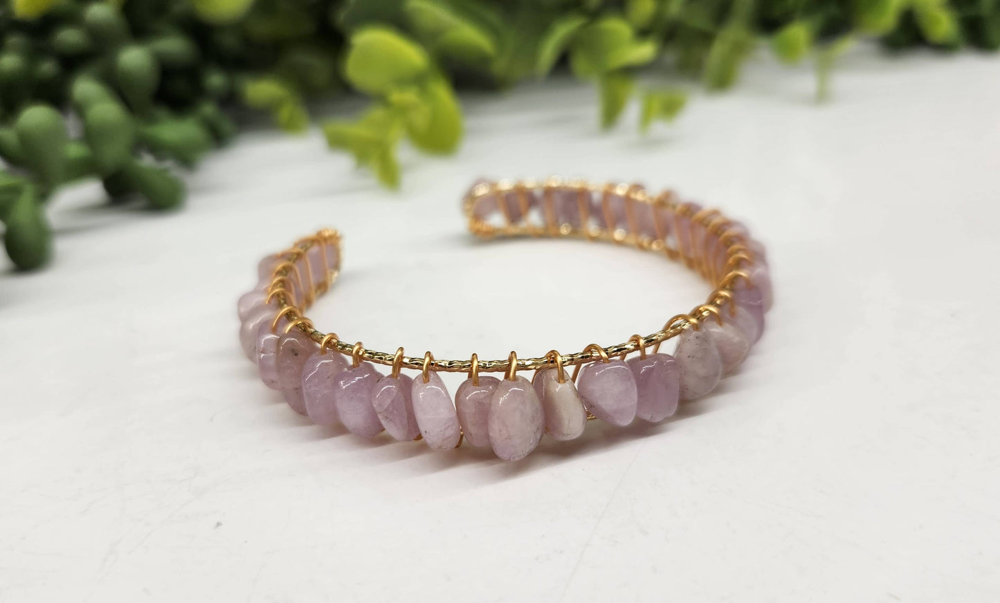 Kunzite Bangle/Cuff/Wire Wrapped Bracelet -18kt.Gold Overlay: WHITE GOLD
