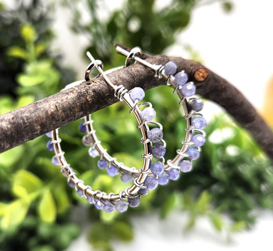 Tanzanite Faceted 3mm Hoop Earrings-18Kt  Gold Overlay: WHITE GOLD