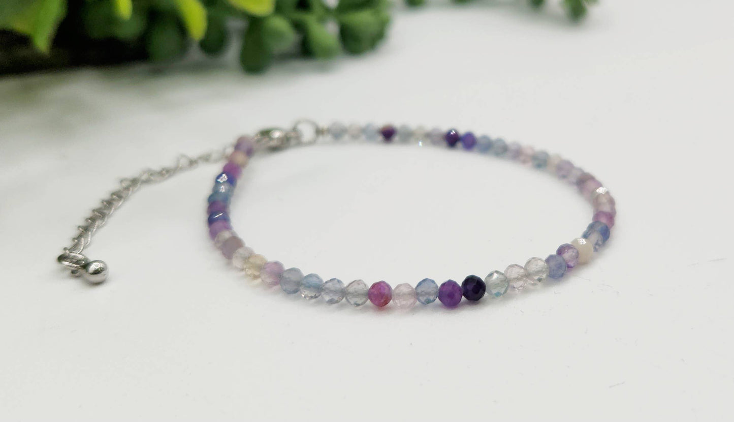 Rainbow Fluorite Bracelet Faceted 3MM w/Silver Color Clasp