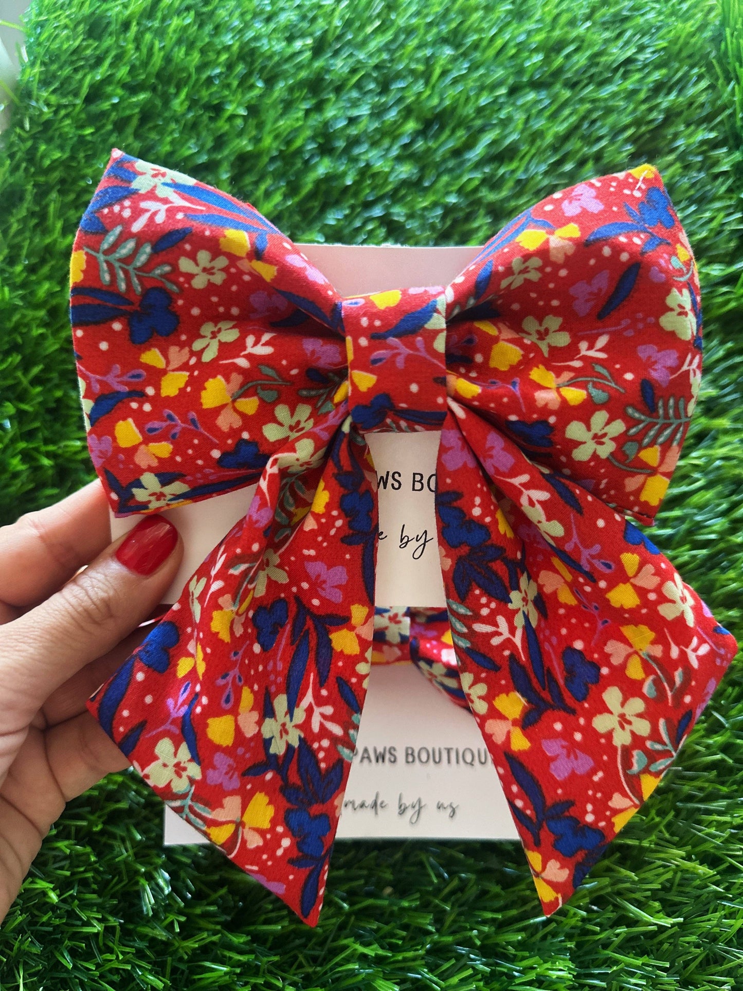 Red and blue floral bow for dogs: Girls ( sailor bow)