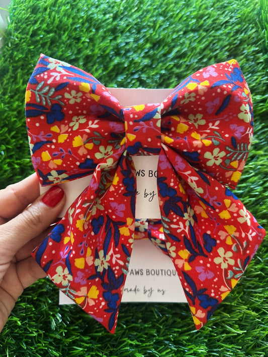 Red and blue floral bow for dogs: Girls ( sailor bow)