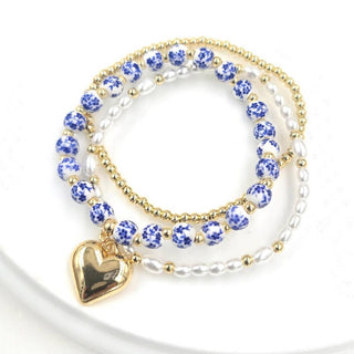 StarryNYC - 3 Line Bracelet Puffy Heart Charm Murano Glass Pearl & CCB : Blue