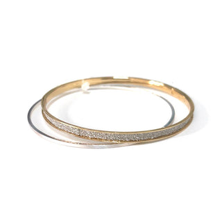 StarryNYC - 2 Pcs Metal Bangle Plain Flat & Glitter Bangle Set Bracelet: Silver/Hematite