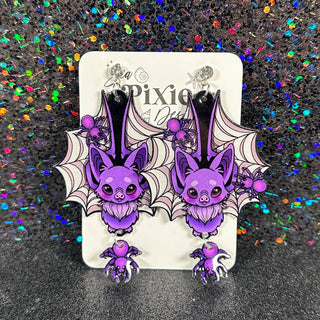 Spider Web Bats Halloween Dangle Earrings, Spooky & Cute