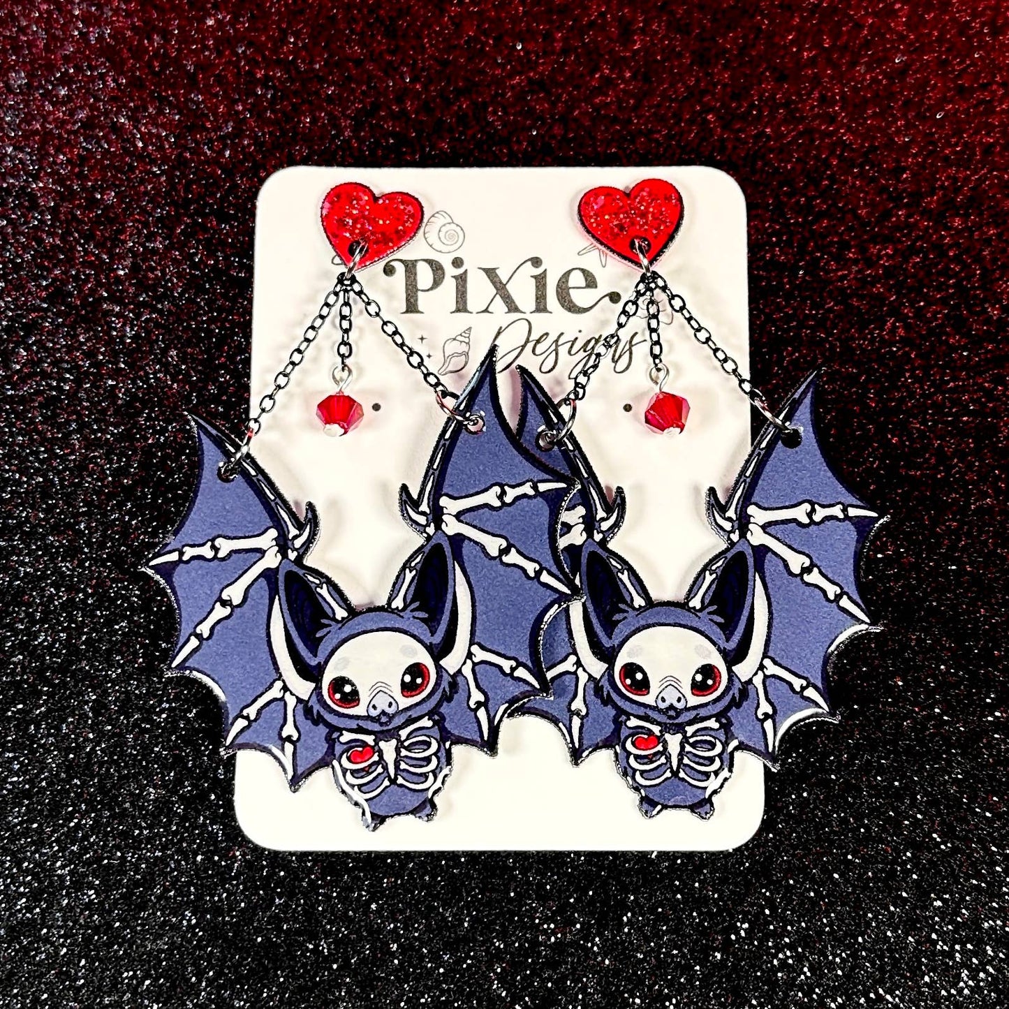 Sea Pixie Designs - Skeleton Heart Bats Halloween Dangle Earrings, Spooky & Cute