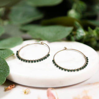 StarryNYC - Dainty Color Seed Bead Round Wire Hoop Earrings: Green