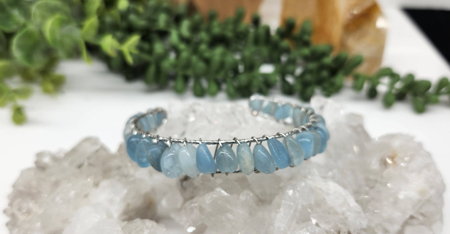 Aquamarine Bangle/Cuff Wire Wrapped  -18kt. Gold Overlay: WHITE GOLD