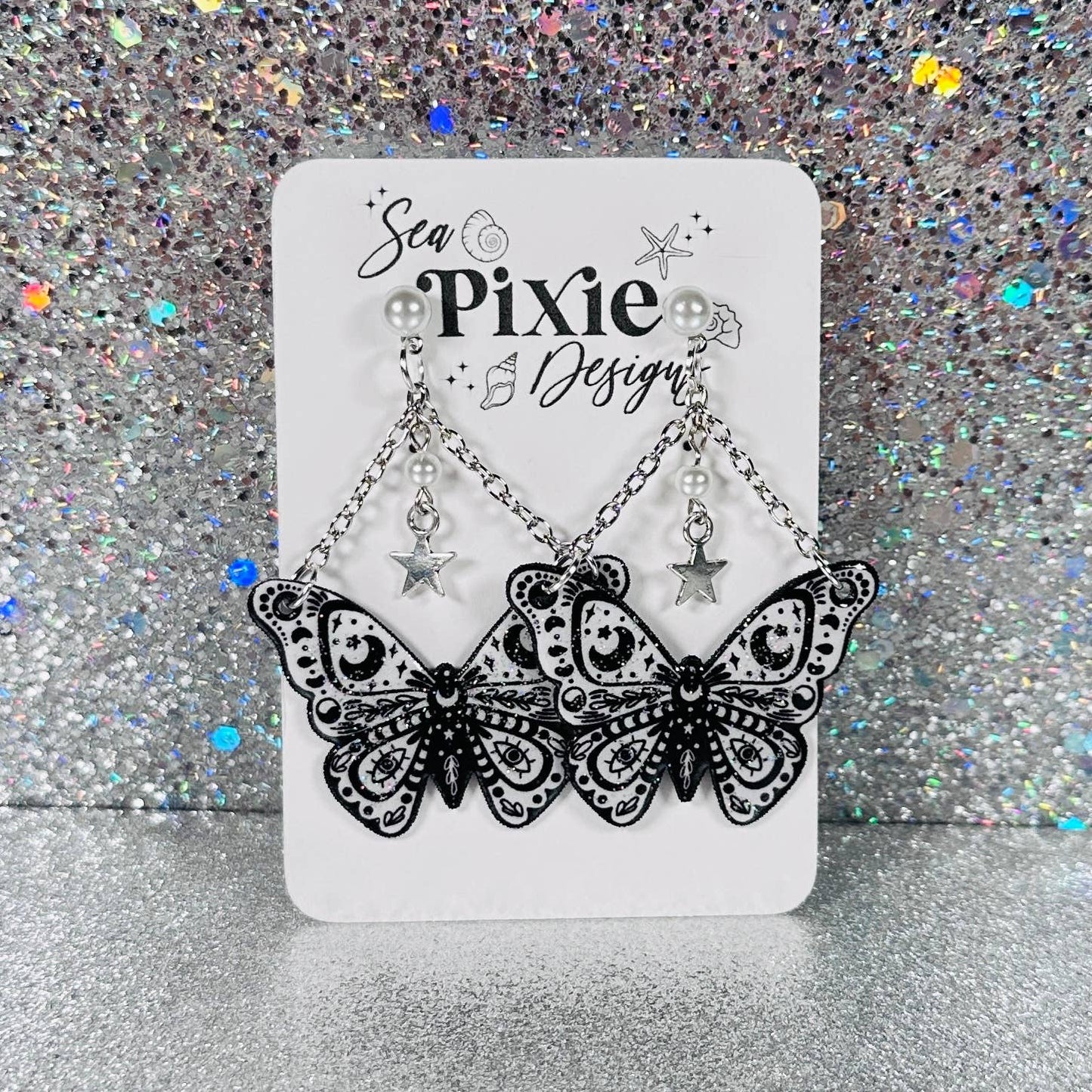Sea Pixie Designs - Black & White Moth Butterfly Glitter Dangle Earrings