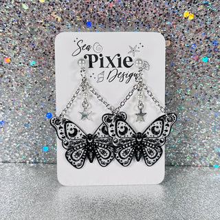 Sea Pixie Designs - Black & White Moth Butterfly Glitter Dangle Earrings