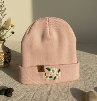 Pink Daisy Hand-Embroidered Beanie