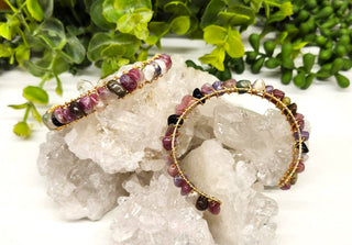 Watermelon Tourmaline Bangle/Cuff Wire Wrapped-18kt Overlay: YELLOW GOLD