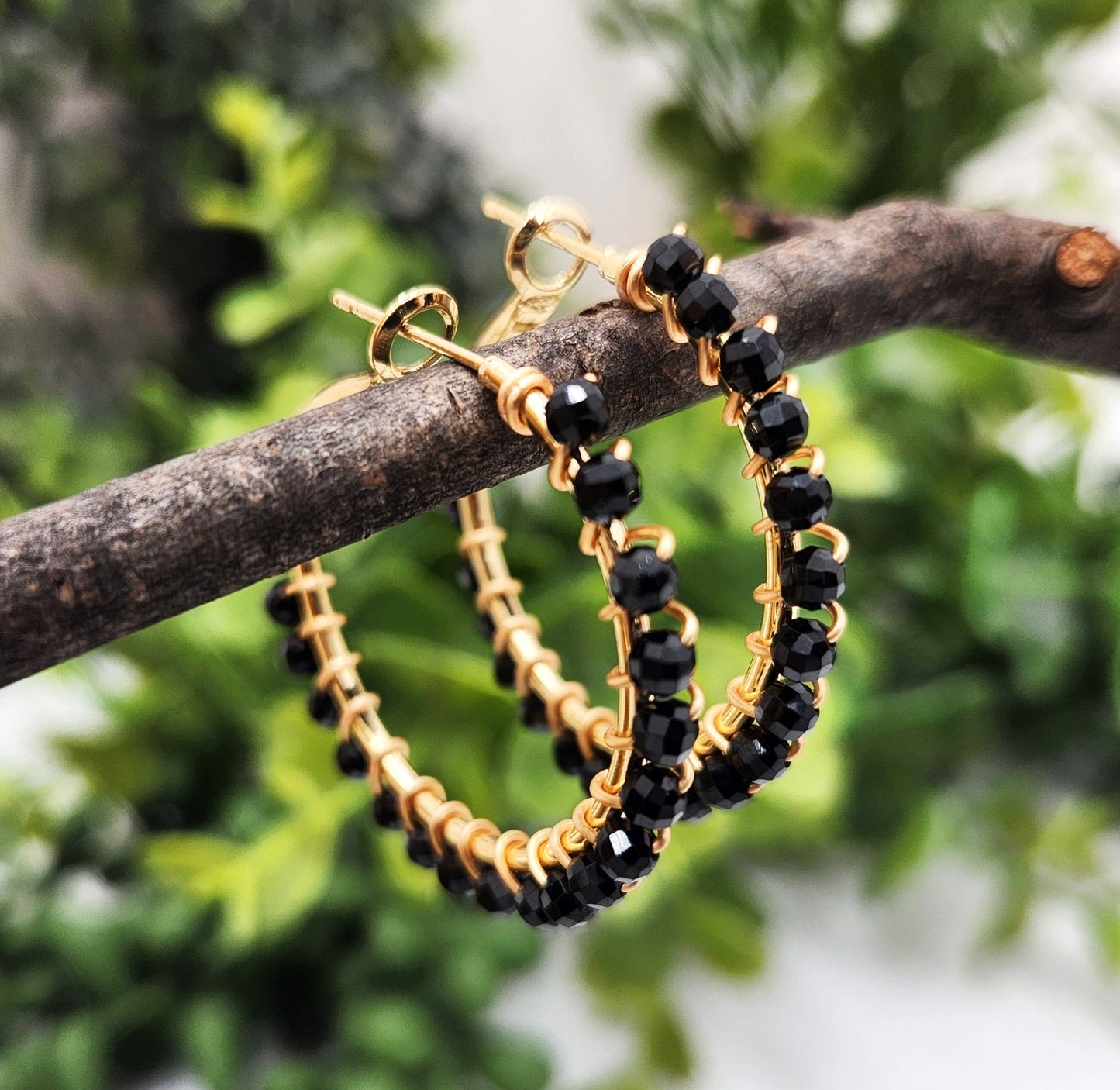 Black Spinel Faceted 3mm Hoop Earrings-18Kt  Gold Overlay : YELLOW GOLD