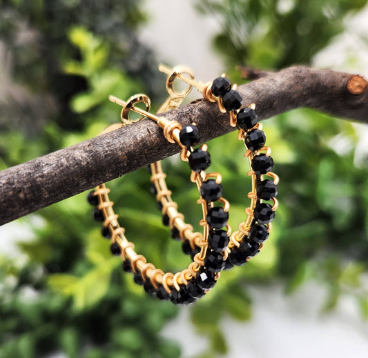 Black Spinel Faceted 3mm Hoop Earrings-18Kt  Gold Overlay : YELLOW GOLD
