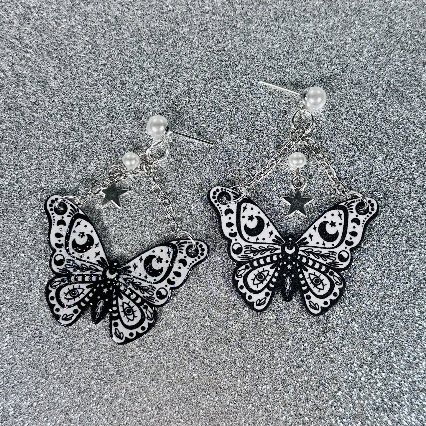 Sea Pixie Designs - Black & White Moth Butterfly Glitter Dangle Earrings