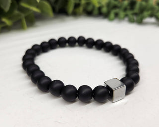Black Obsidian-Matte w/Gun Metal Color Metal Cube, Bracelet