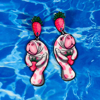 Strawberry Manatee Dangle Earrings, Coastal & Lightweight